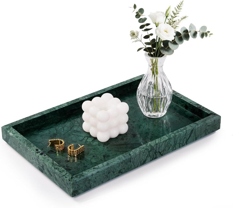 Homaura Marble Bathroom Tray for Countertop & Home Decor, Natural Decorative Marble Tray for Jewelry & Perfume Organizer, Luxury Stone Vanity Trays for Dresser, Kitchen Counter, 12" x 8", Green - Image 1